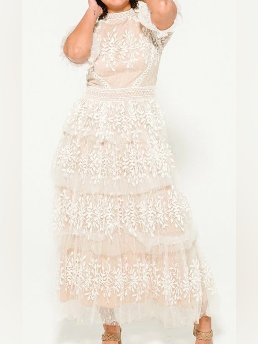NWT 🤍Ivory Floral Lace Tiered Maxi Dress - Women's Elegant Occasion Wear